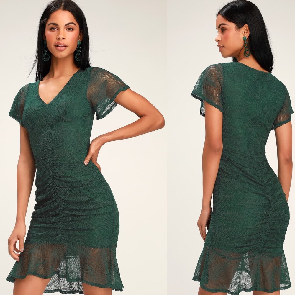 Lulus Lace Dress Bodycon Green Ruched - Picture 3 of 7